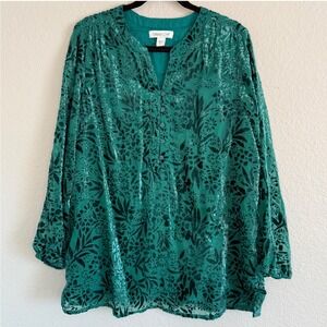Coldwater Creek Large Green Floral Velvet Burnout Tunic Top Holiday Elphaba Work